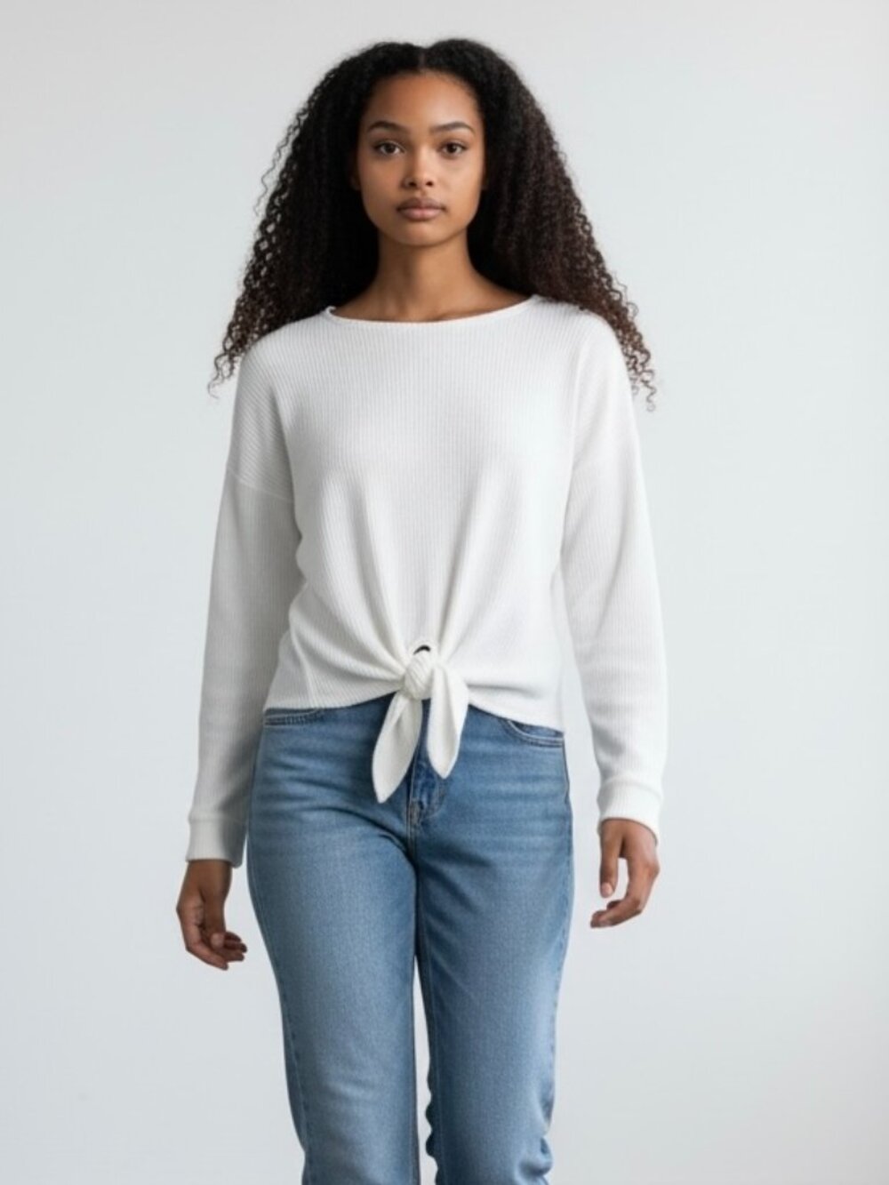 Set The Stage Long Sleeve Round Neck Ribbed Pullover Shirt-Size L-White